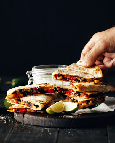 Mexican Multigrain Quesadillas Stuffed with Refried Beans, Mexican Veggies and Smoked Cheese